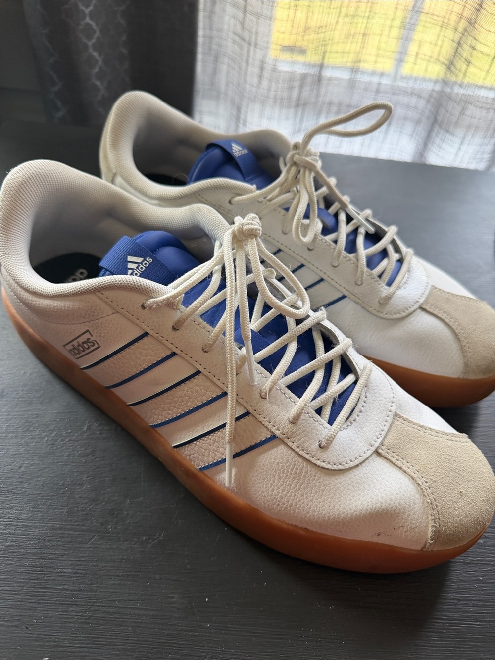 Adidas Men’s White Sneakers with Blue Stripes and Gum Sole